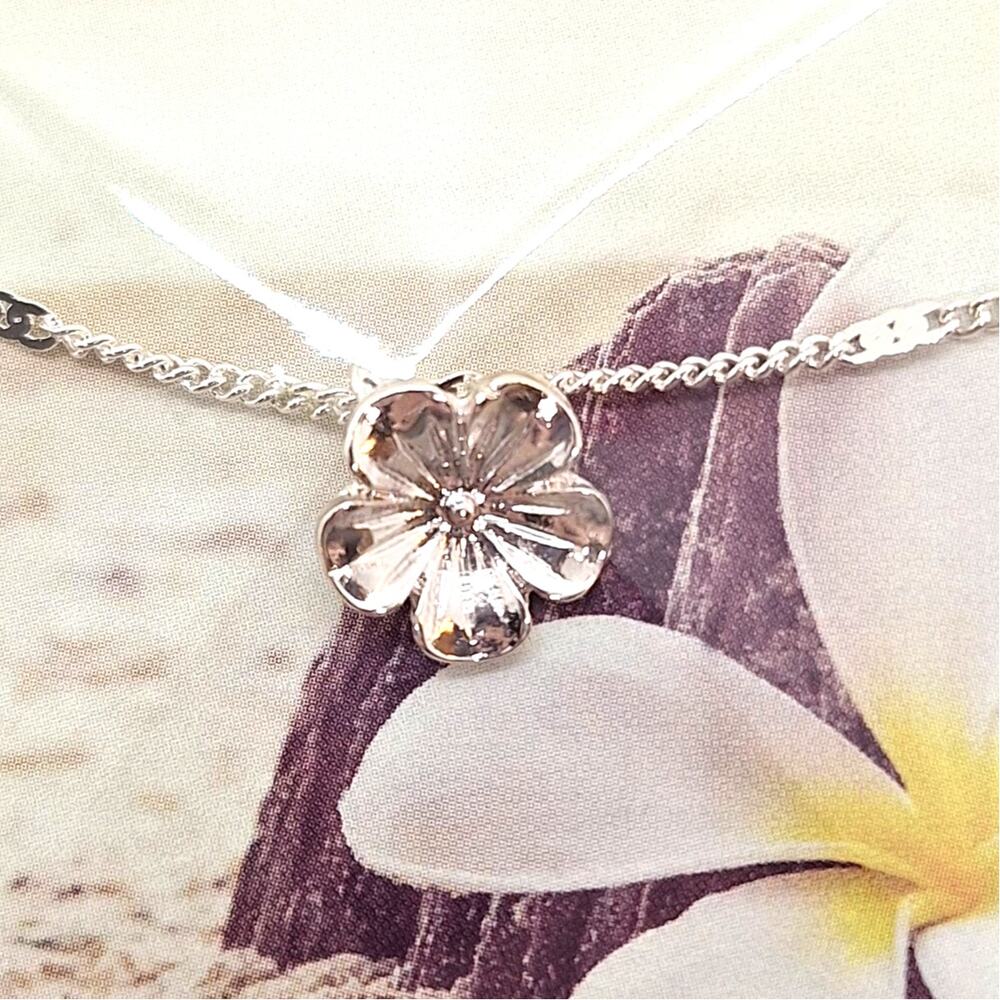 Plumeria Charm Anklet Silver Plate Lobster Claw Clasp 9" + 1" Extension